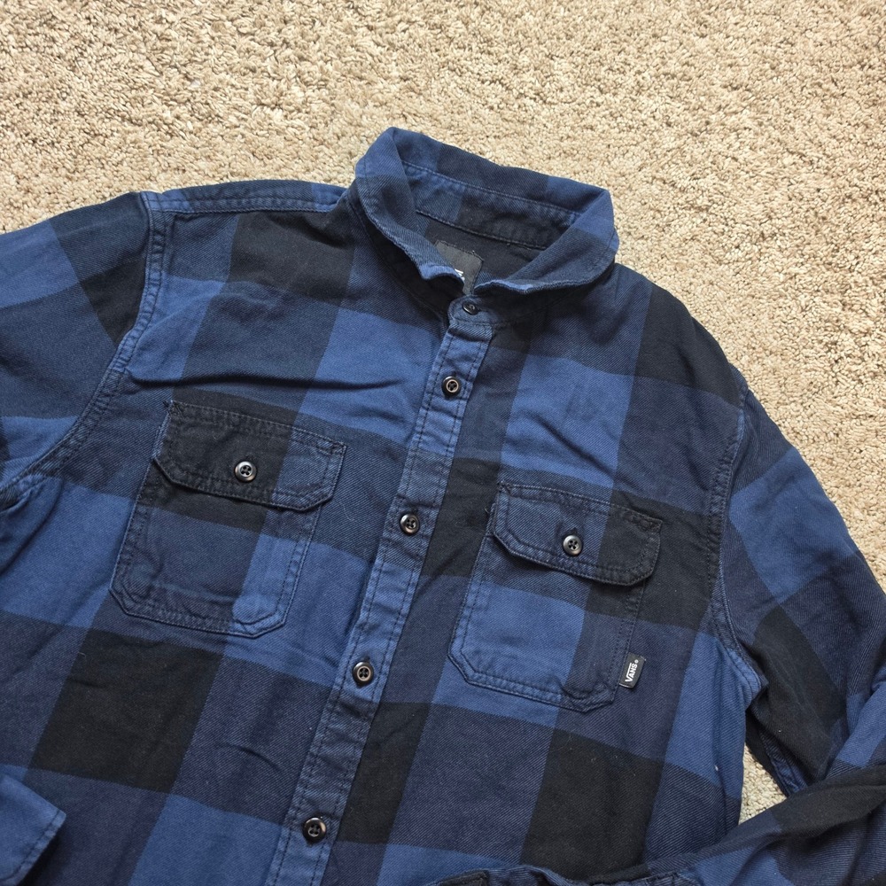 Vans Flannel Shirt Mens Small Blue Black Buffalo Plaid Cotton Skater Classic Fit